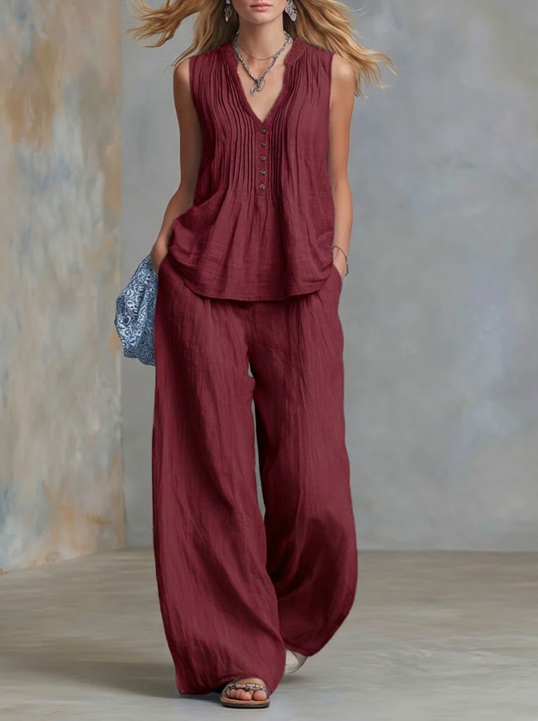 📦📦LAST DAY SAVE 49% ⏰Casual Linen And Cotton Pleated Sleeveless Top And Pants Two-piece Set