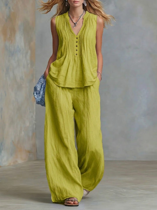 📦📦LAST DAY SAVE 49% ⏰Casual Linen And Cotton Pleated Sleeveless Top And Pants Two-piece Set