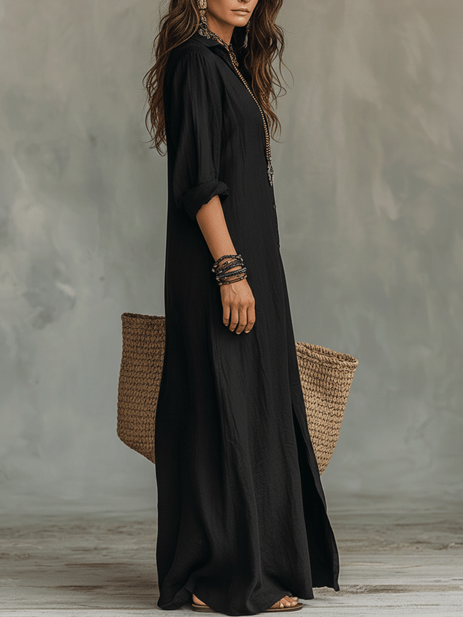 🌷🌷Black Button-Front Bohemian Shirt Maxi Dress