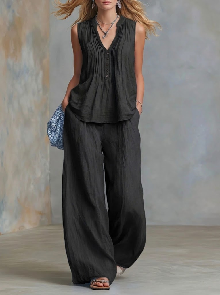 📦📦LAST DAY SAVE 49% ⏰Casual Linen And Cotton Pleated Sleeveless Top And Pants Two-piece Set