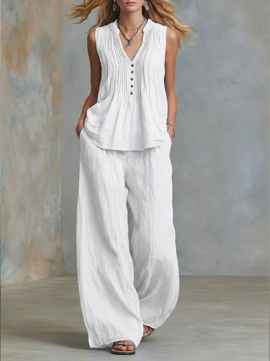 📦📦LAST DAY SAVE 49% ⏰Casual Linen And Cotton Pleated Sleeveless Top And Pants Two-piece Set