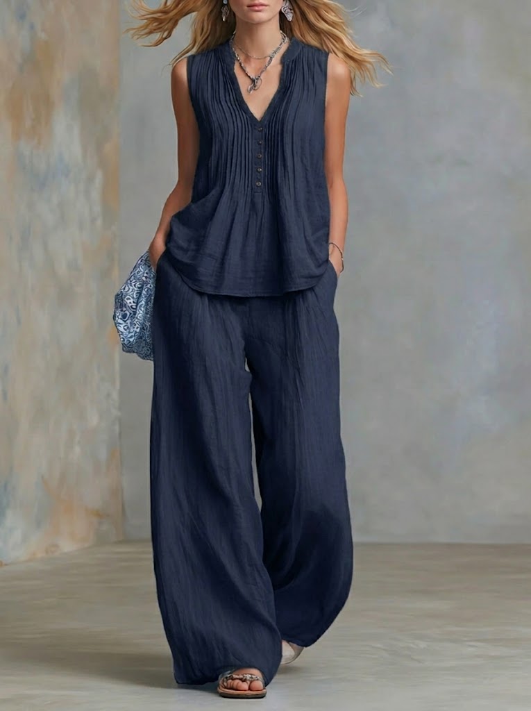 📦📦LAST DAY SAVE 49% ⏰Casual Linen And Cotton Pleated Sleeveless Top And Pants Two-piece Set