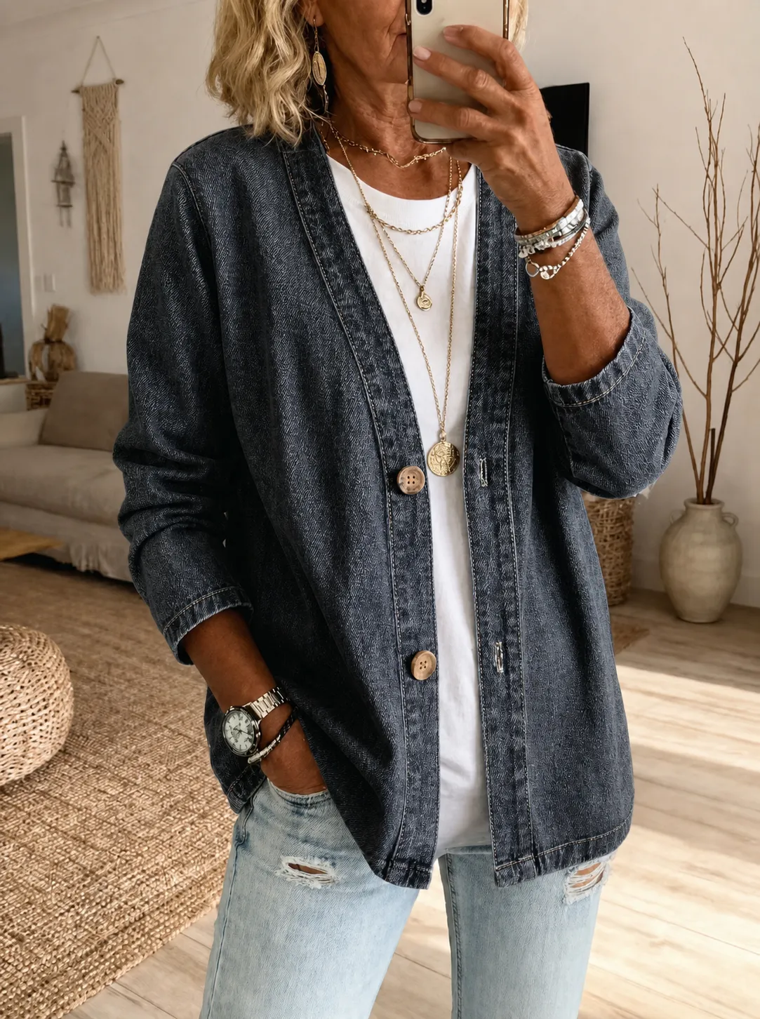 🧥 50% OFF NOW! ✨ Women's Classic Button Front Denim Jacket – V-Neck, Breathable Fabric & Relaxed Fit 💙