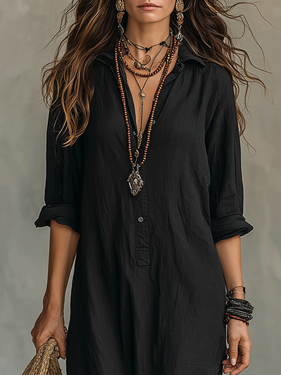 🌷🌷Black Button-Front Bohemian Shirt Maxi Dress