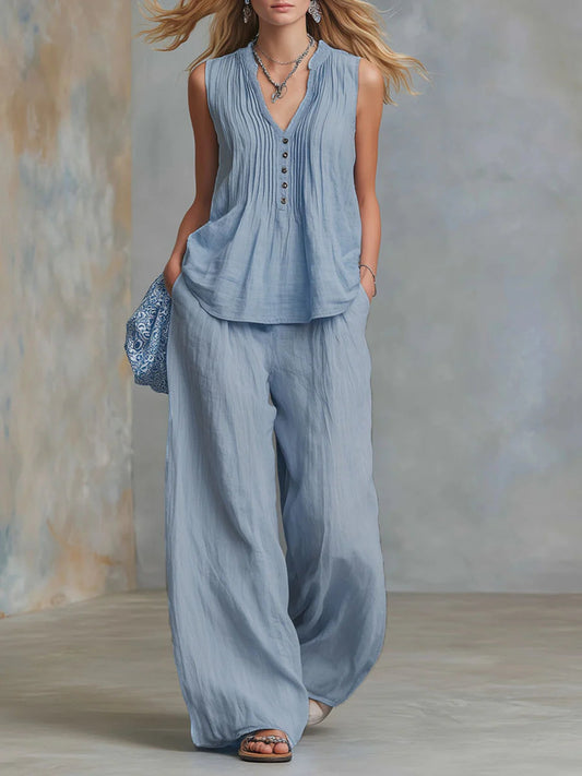 📦📦LAST DAY SAVE 49% ⏰Casual Linen And Cotton Pleated Sleeveless Top And Pants Two-piece Set