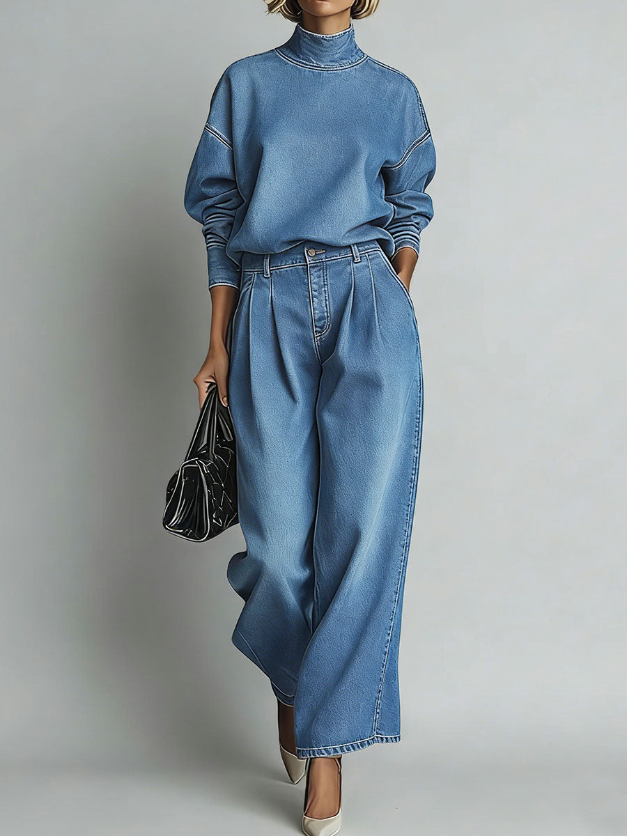 📦📦Women's Stand-collar Long-sleeved Casual Loose Denim Top And High-waisted Casual Loose Wide-leg Denim Pants Set.